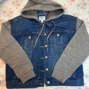 Forever 21 Women's Denim Jacket‎ Size L Blue Jean Hoodie Sweatshirt Sleeves